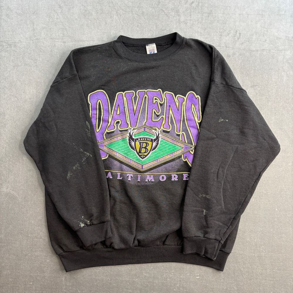 Mens Vintage Black Logo 7 Baltimore Ravens Crewneck Sweatshirt Sz XL Paint Marks